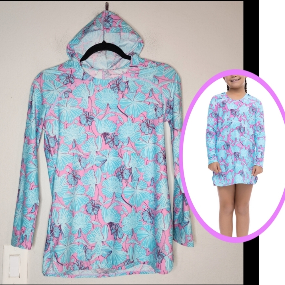 Coolibar Girl's Seacoast Swim Cover-Up Hooded Dress UPF‎ 50+ Size Large